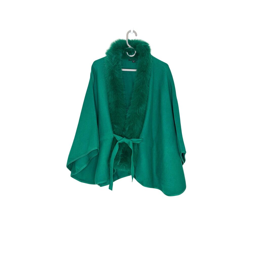 Boston Proper Faux Fur Tie Waist Poncho Sz S/M(6-12) Ultramarine Green Luxe Chic